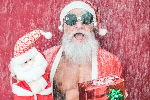 Preview: Tattoo Happy Santa Clause With Gift Box And Christmas Man Puppet With Snow Falling Down On Him