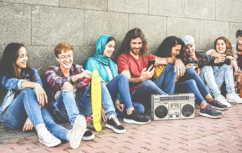 Preview: Group Of Millennials Friends Using Smartphones And Listening Music Outdoor - Young People Having