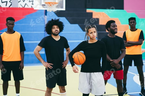 Preview: African Friends Playing Basketball Outdoor - Focus Girl Face
