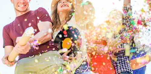 Preview: Group Of Happy Friends Enjoying Party And Throwing Confetti - Young People Having Fun Outdoor