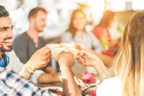Preview: Happy Millennials Friends Toasting Cappuccino At Bar Cafe - Young Trendy People Enjoying Breakfast