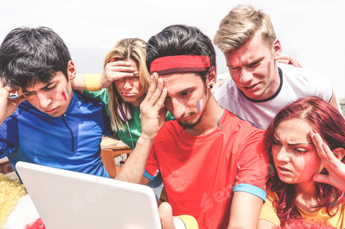 Preview: Diverse Mix Of Friends Sports Fans Watching Football Match On Tablet Outdoor - Disappointed