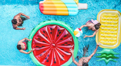Preview: Happy Friends Playing With Air Lilo Ball Inside Swimming Pool - Young People Having Fun On Summer