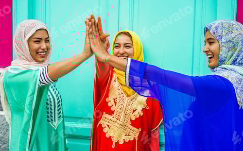 Preview: Young Muslim Girls Stacking Hands Outdoor - Islamic Happy Women Celebrating Together - Youth