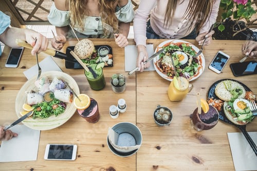 Preview: Young People Eating Brunch And Drinking Smoothie Bowl At Vintage Bar - Happy People Having A