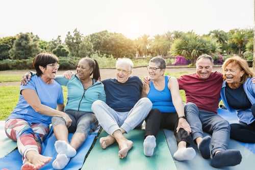 Preview: Multiracial Senior People Having Fun After Workout Exercises Outdoor With City Park In Background