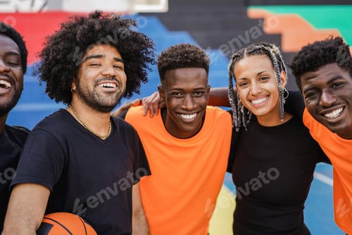 Preview: African Friends Playing Basketball Outdoor - Focus On Man Face Holding Ball
