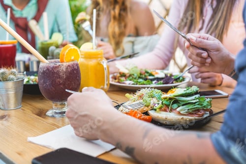Preview: Hands View Of Young People Eating Brunch And Drinking Smoothies Bowl With Ecological Straws In