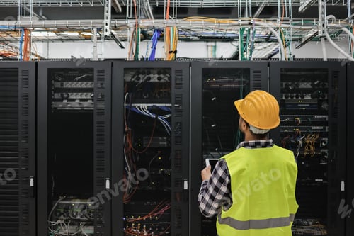 Preview: Young Technician Man Working With Tablet Inside Big Data Center Room - Soft Focus On Man Head