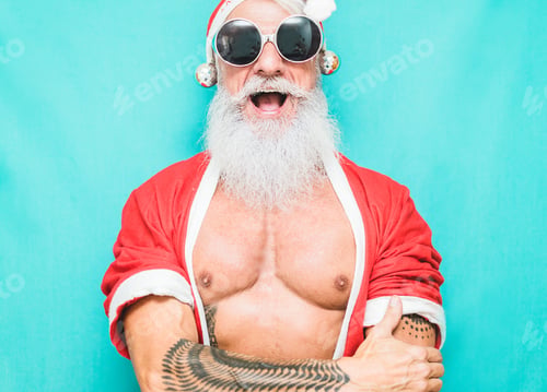 Preview: Tattoo Fit Santa Clause Wearing Funny Fest Sunglasses - Fashion Senior Man With Winter Holiday