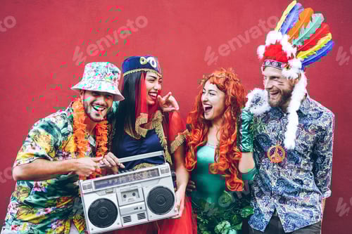 Preview: Happy Dressed People Celebrating At Carnival Party Throwing Confetti - Young Friends Having Fun