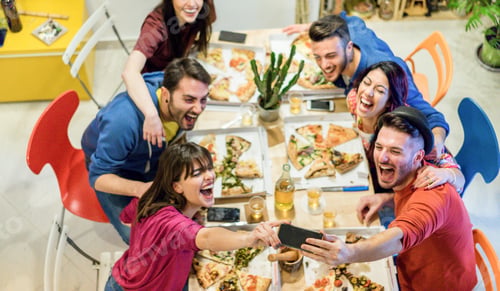 Preview: Group Of Happy Friends Taking Selfie With Mobile Cell Phone During Pizza Party Dinner - Young
