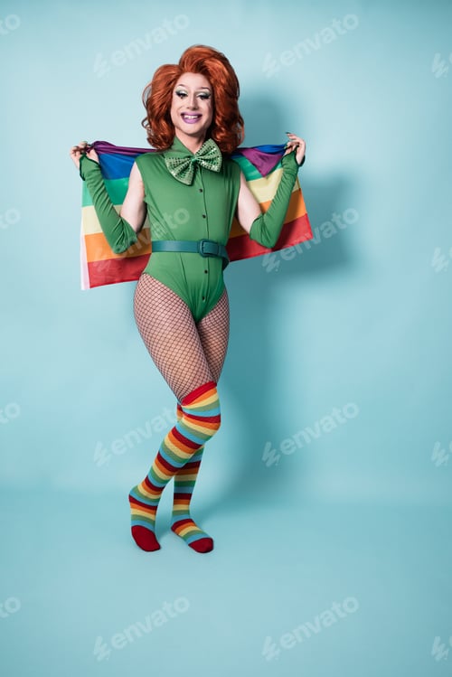Preview: Drag Queen Holding Lgbt Rainbow Flag - Focus On Face