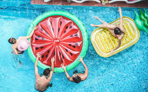 Preview: Happy Friends Having Fun Inside Swimming Pool During Summer Vacation - Focus On Heads