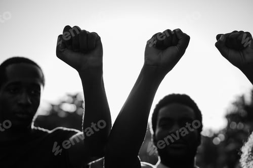 Preview: Black Demonstrator People Holding Hands Against Racism - Focus On Fists - Black And White Editing