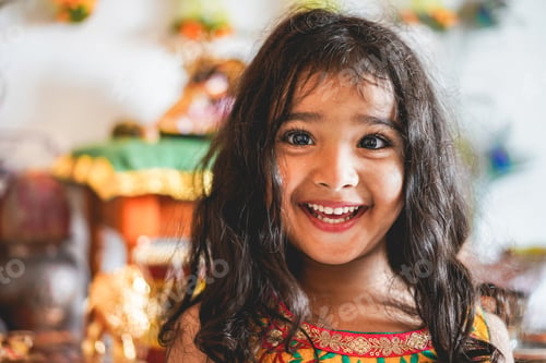 Preview: Portrait Of Indian Female Kid Wearing Sari Dress - Southern Asian Child Having Fun Smiling In Front