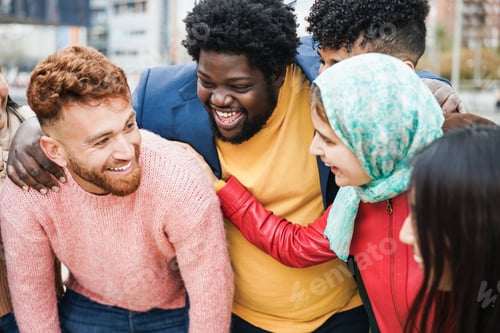 Preview: Young Happy People Having Fun Outdoor Together - Focus On African Curvy Man Face