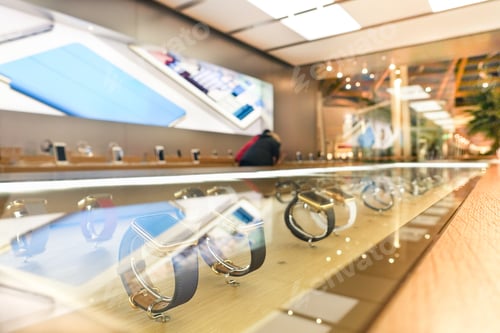 Preview: Rimini, Italy - February 21, 2016: Watch Shop Window Of Apple Store In Central District. Apple Inc