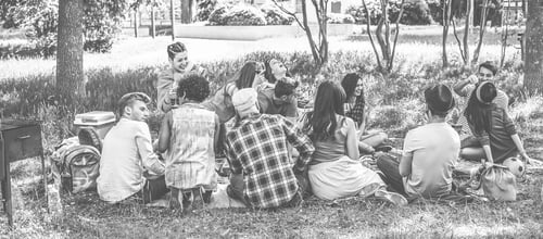 Preview: Group Of Friends Making Picnic With Barbecue On City Park Outdoor - Young People Eating Bbq Meal