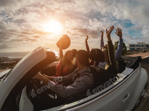 Preview: Happy People Having Fun Together In Convertible Car In Summer Vacation - Young Tourist Friends