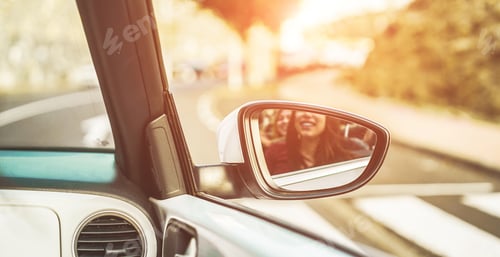 Preview: Window View Of Happy Friends With Having Fun In Convertible Rented Car On Summer Vacation - Young