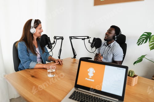 Preview: Hosts Having Podcast Session Together - Multiracial Speakers Making An Interview During Live Stream