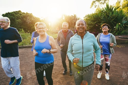Preview: Fit Senior People Running At City Park - Group Of Elderly Friends Doing Sport Workout Together