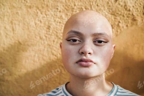Preview: Bald Girl Posing In Front Of Camera With Yellow Background - Focus On Eyes