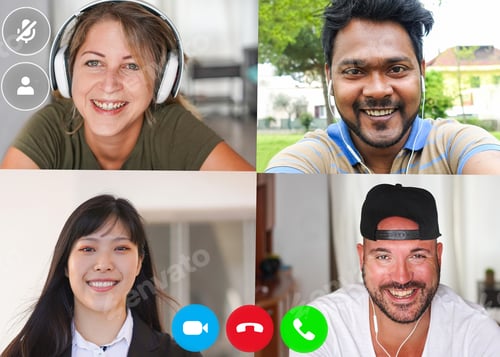 Preview: Multiracial Friends Having Fun Chatting On Web Platform Wearing Headphones - Young People Talking