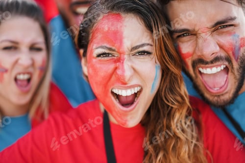 Preview: Crazy Sport Fans Screaming While Supporting Their Team - Focus On Center Girl Face