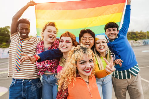 Preview: Young Diverse People Having Fun Holding Lgbt Rainbow Flag Outdoor - Focus On Center Blond Girl