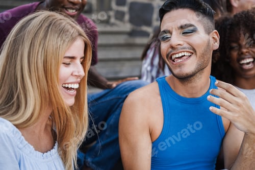 Preview: Young Diverse People Having Fun Outdoor Laughing Together - Focus On Gay Man Face