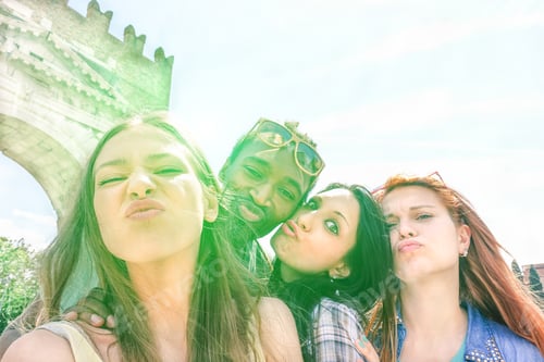Preview: Best Multiracial Friends Taking Selfie Outdoors With Back Lighting - Happy Multirace Friendship