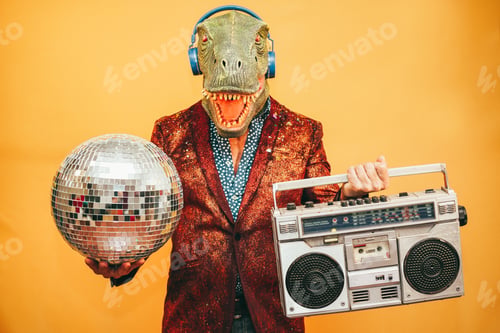 Preview: Crazy Man Wearing T-Rex Mask Listening Music With Vintage Boombox Stereo During New Year'S Eve