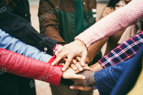 Preview: Young Group Of People Stacking Hands Outdoor - Focus On Hands