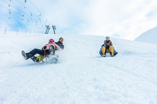 Preview: Crazy Happy Friends Having Fun With Sledding On Snow High Mountains - Young Millennial People