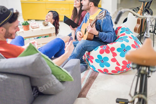 Preview: Group Of Trendy Friends Having Fun In Hostel Living Room - Happy Young People Enjoying Time Playing