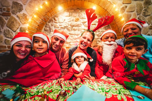 Preview: Happy Large Family Taking Photo In Front Of Camera After Christmas Dinner - Grandparents, Parents