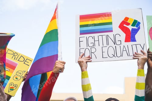Preview: Banners And Lgbt Rainbow Flags At Gay Pride Event Outdoor- Protest For Equality Rights Concept