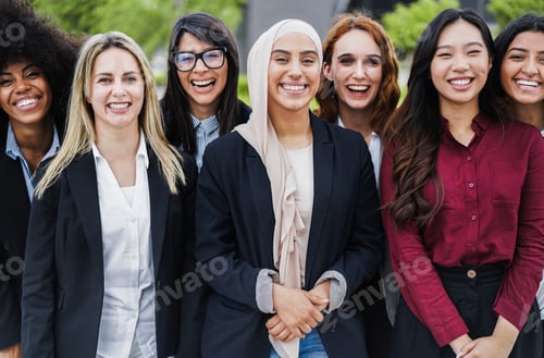 Preview: Multiethnic Business Female Colleagues Smiling On Camera Outdoor - Focus On Muslim Girl Face