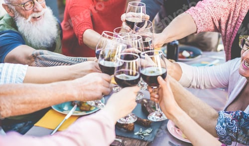 Preview: Happy Family And Friends Cheering With Red Wine At Barbecue Dinner Outdoor - Different Age Of