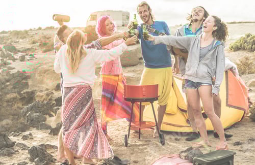 Preview: Group Of Happy Friends Cheering With Beers In Camping At Sunset - Trendy People Having Fun Playing