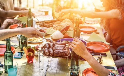 Preview: Group Of Happy Friends Eating And Drinking Beers At Barbecue Dinner On Sunset Time - Adult People