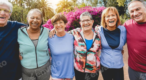 Preview: Multiracial Senior People Having Fun After Workout Exercises Outdoor With City Park In Background