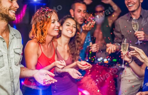 Preview: Happy Friends Making Party Throwing Confetti, Dancing And Drinking Champagne With Dj Mixing Music