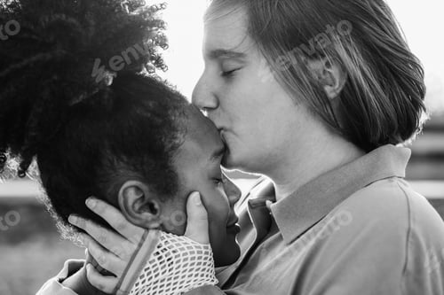 Preview: Happy Women Gay Couple Having Tender Moments Outdoor - Lgbt And Love Concept - Black And White