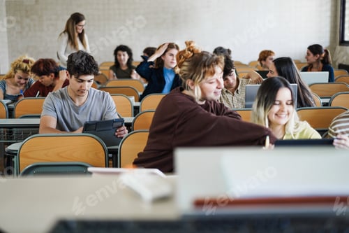 Preview: Young Students Working With Tablets Inside Classroom At School University - Focus On Left Guy Using