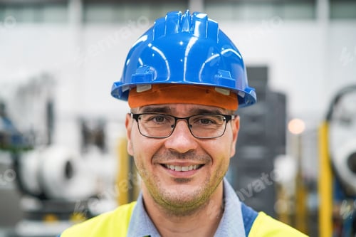 Preview: Senior Engineer Man Working Inside Robotic Factory - Focus On Hardhat