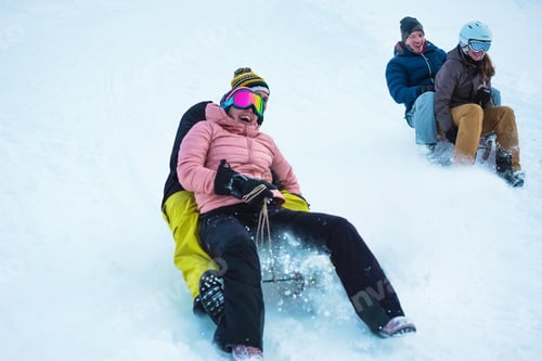 Preview: Crazy Happy Friends Having Fun With Sledding On Snow High Mountains - Young People Making Luge
