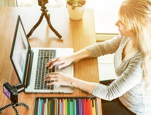 Preview: Woman Vlogger Editing Photos And Video For Her Blog With Laptop - Girl Filming Her Job For Sharing